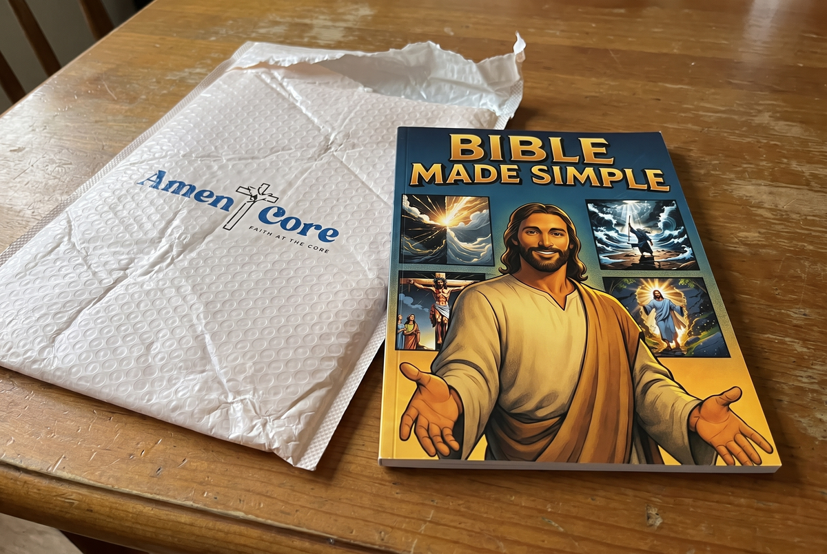 Bible Made Simple book beside its shipping package