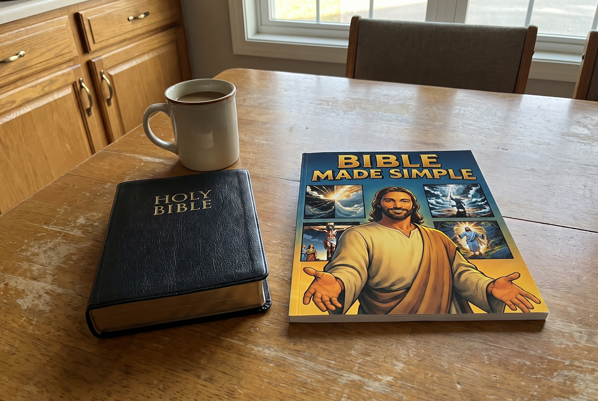 Bible Made Simple book next to a Bible and coffee mug